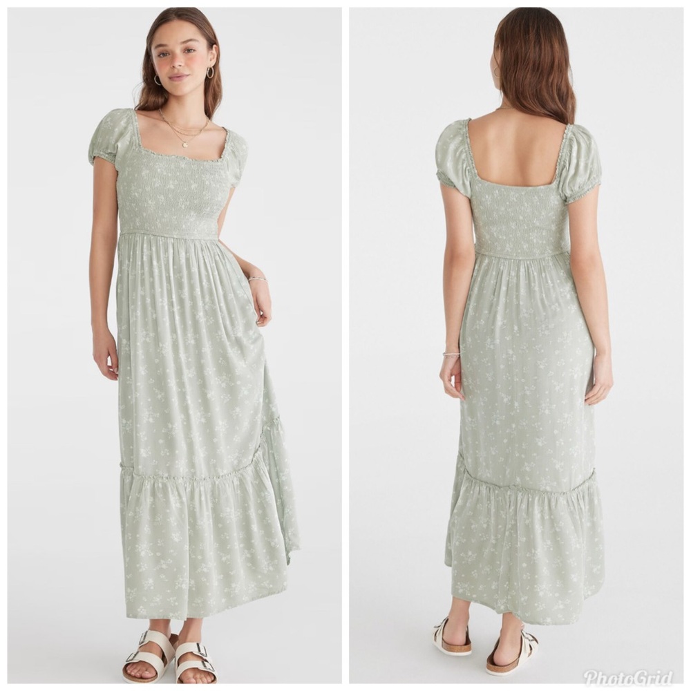 Aeropostale Floral Square-Neck Smocked Milkmaid Style Midi Dress XL